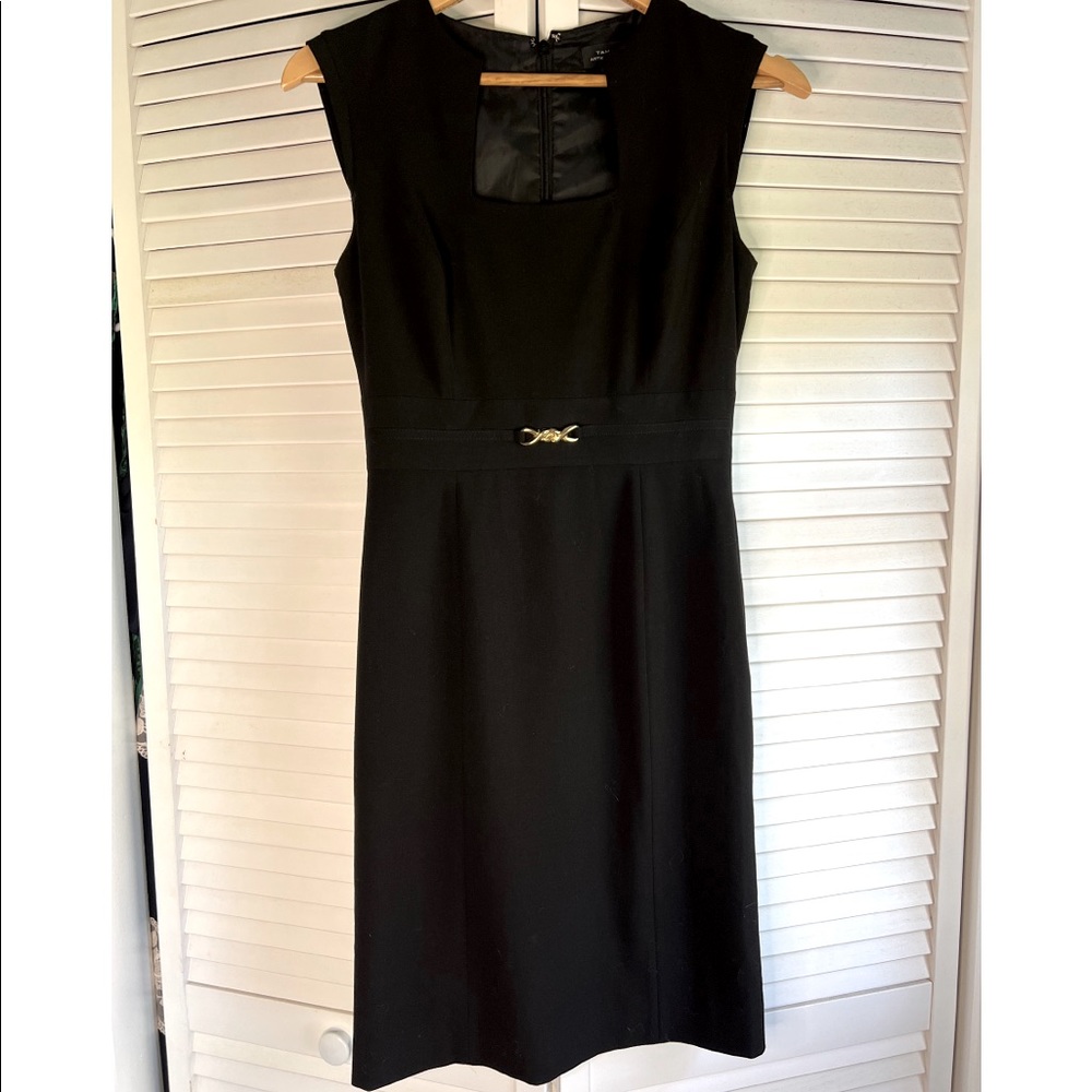 Tahari Arthur S Levine black sheath dress-Form fitting with gold accent in waist